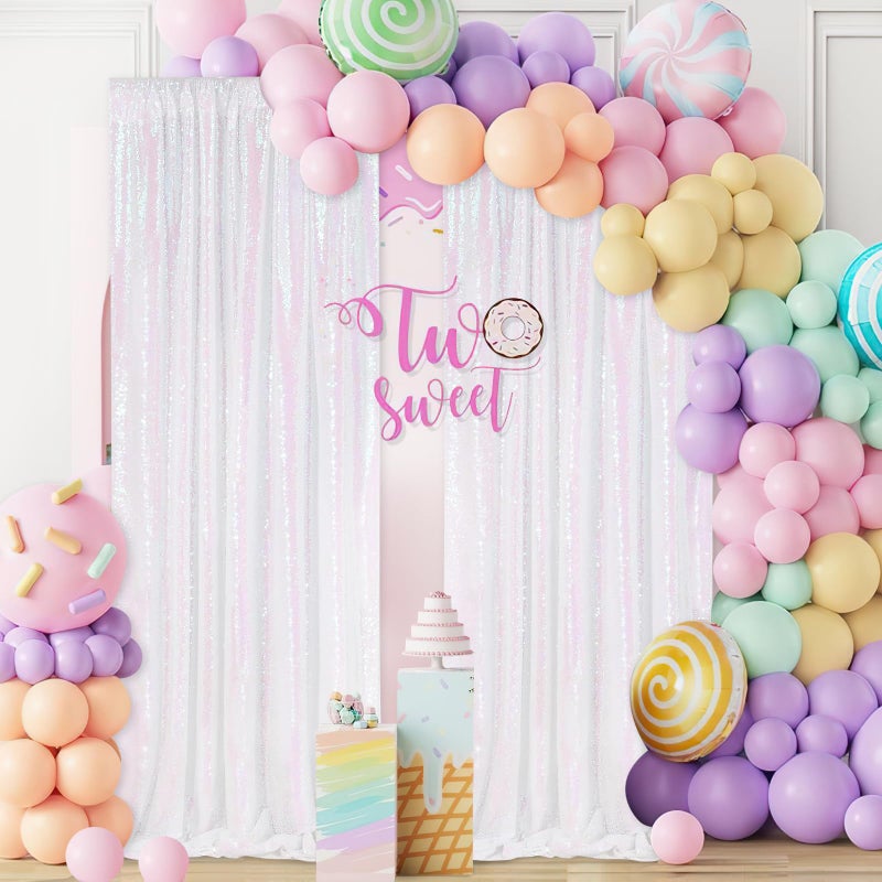 QueenDream White Iridescent Sequin Backdrop 2 Panels 2FTx8FT Unicorn Backdrop Curtains Glitter Party Backdrop for Girls Birthday Decorations - Image 4